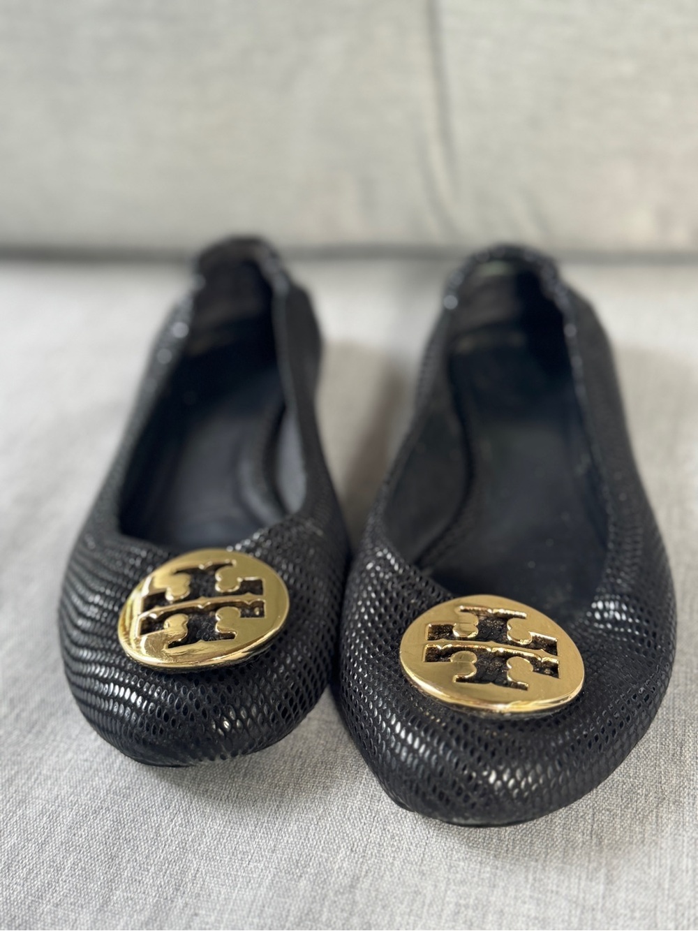 Tory Burch Black Ballet Flats with Gold Logo Emblem
